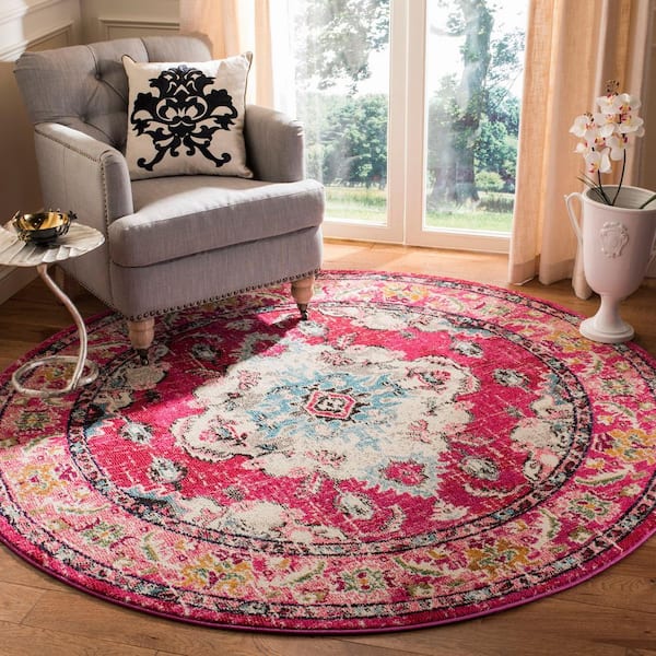 Monaco Pink/Multi 4 ft. x 4 ft. Distressed Border Medallion Round Area Rug