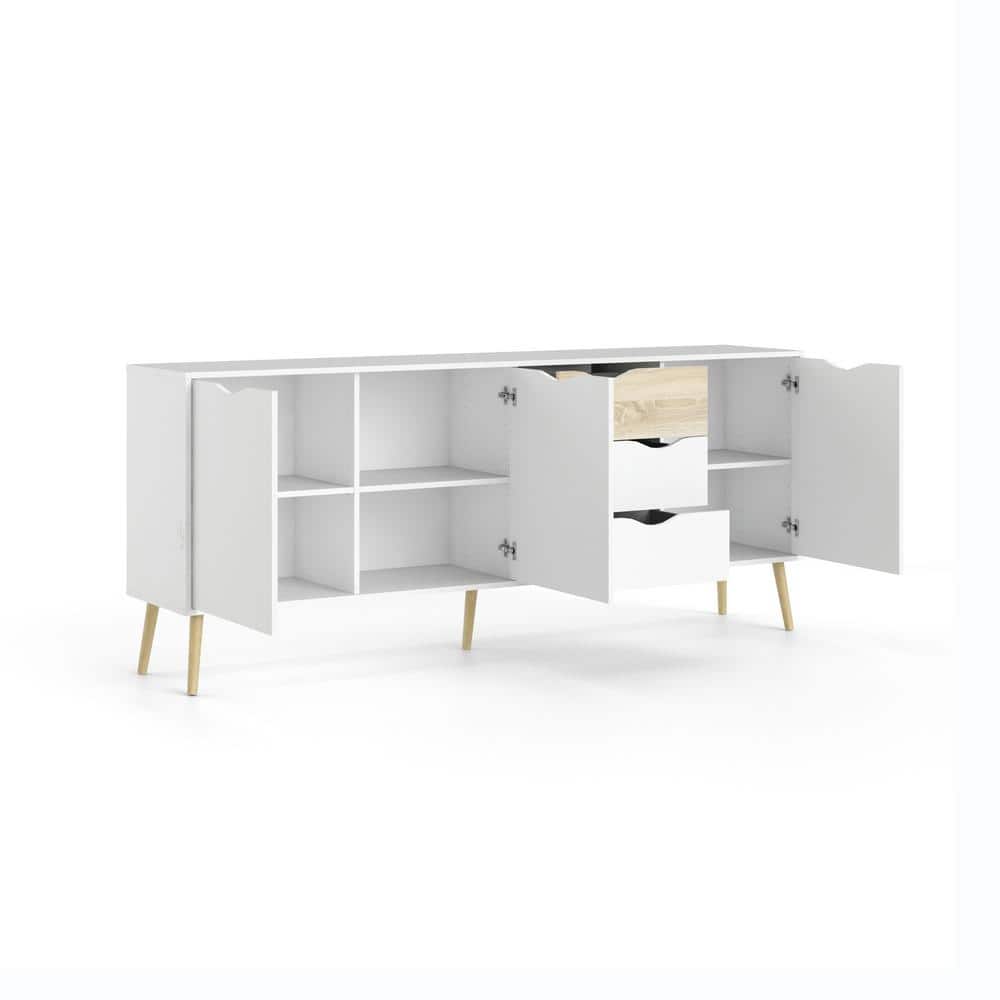 Scandinavian White and Oak 77" Sideboard with Adjustable Shelves