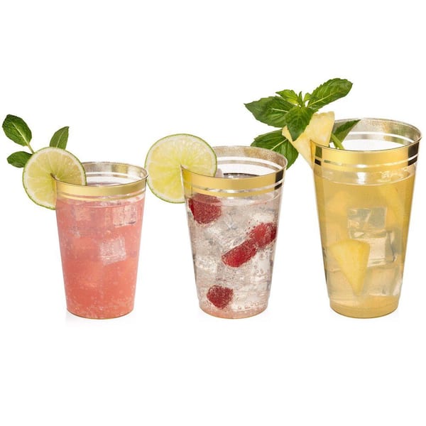 PERFECT SETTINGS 16 oz. 2 Line Gold Rim Gold Glitter Disposable Plastic  Cups, Party, Cold Drinks, (100/Pack) GLTR16OZ
