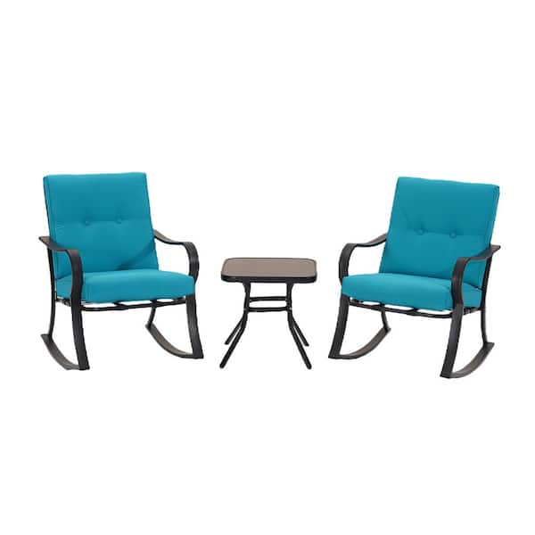 SUNRINX 3-Piece Patio Metal Outdoor Rocking Chair Set with Cushion (Blue)