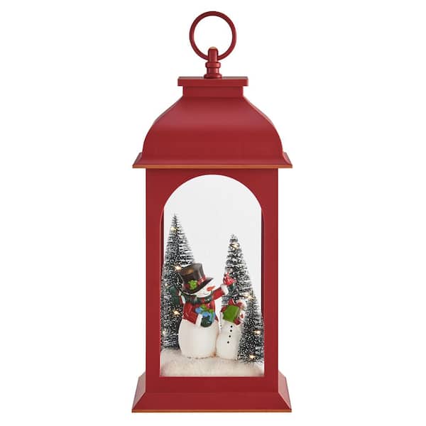 DANYA B Tabletop Red Christmas Snowman Winter Scene Diorama Lighted Lantern Decoration