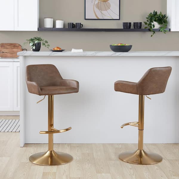 LumiSource Daniella 32.25 in. Espresso Faux Leather and Gold Metal Adjustable Bar Stool with Rounded T Footrest (Set of 2)