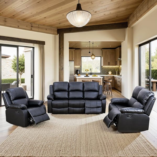 170 in. Overall Pillow Top Arm Leather Rectangle Recliner Sofa Set in Black, 6-Seats Sectional Couch for Living Room