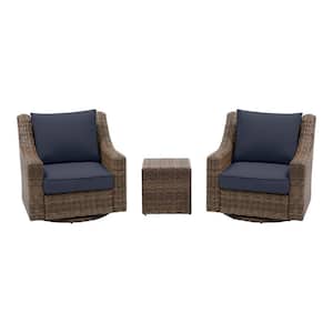 Rock Cliff Brown 3-Piece Wicker Outdoor Patio Seating Set with CushionGuard Midnight Navy Blue Cushions