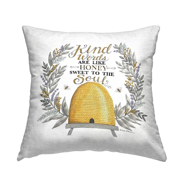Kindness Phrase Uplifting Honey Bee Botanical Yellow Square Outdoor Throw Pillow