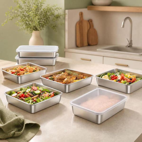 Wudkey 6-Pack Meal Prep Food Containers with Airtight Lids, Stainless Steel Trays Freezer Box Storage Containers for Kitchen