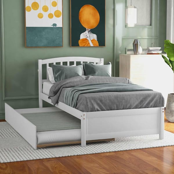 White Wood Frame Twin Size Platform Bed with Trundle