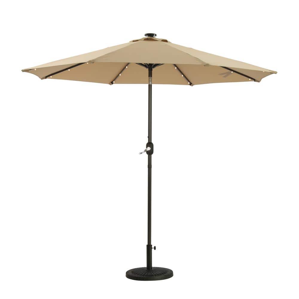 9 ft. Aluminum Tan Outdoor Solar Led Tiltable Patio Umbrella Market Umbrell