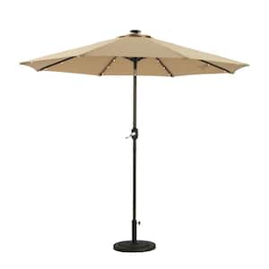9 ft. Aluminum Tan Outdoor Solar Led Tiltable Patio Umbrella Market Umbrella With Crank Lifter