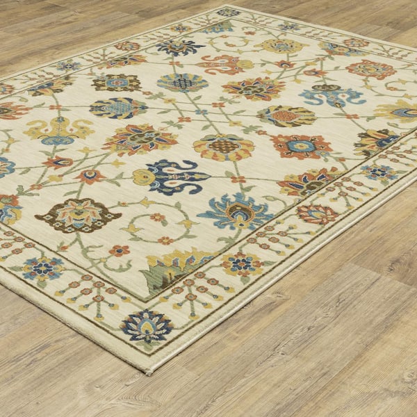 Fleetwood Ivory/Multi-Colored 10 ft. x 13 ft. Oriental Floral Polypropylene Fringe Edge Indoor Area Rug