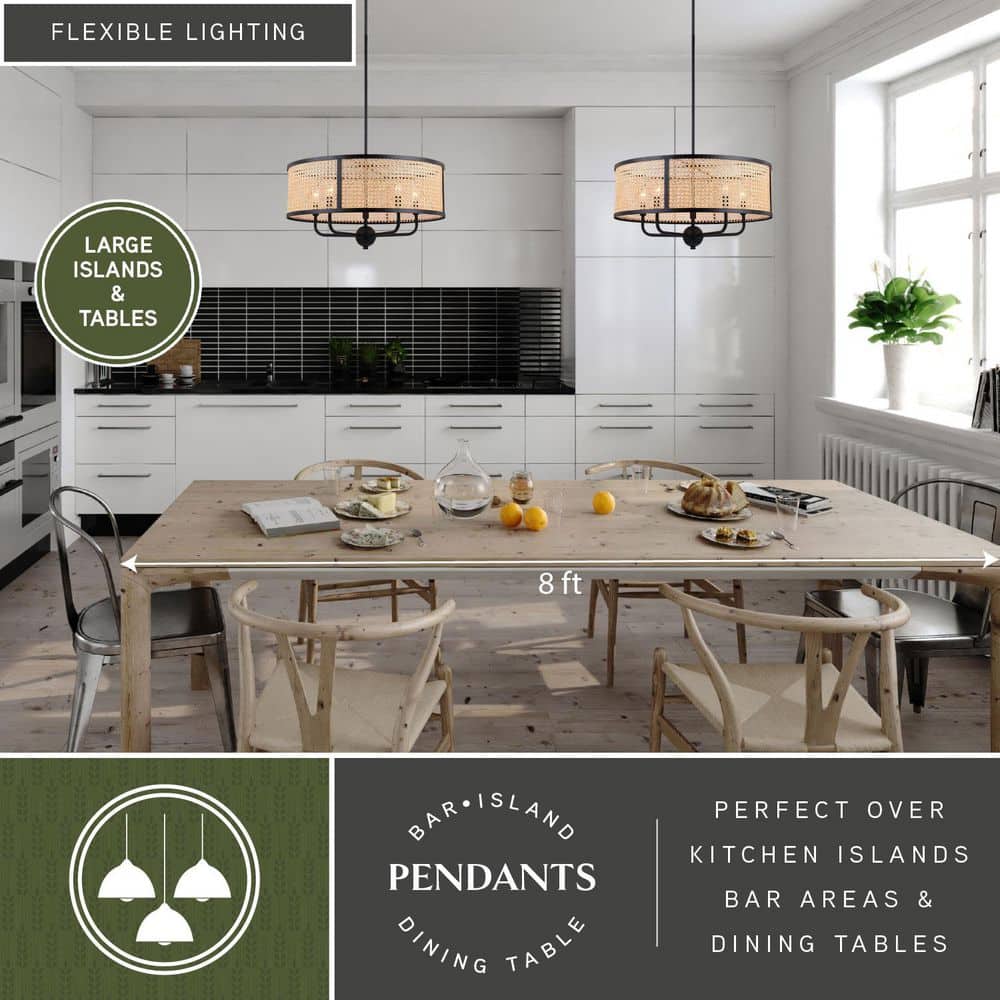 Matte Black and Rattan Drum Pendant Light Fixture