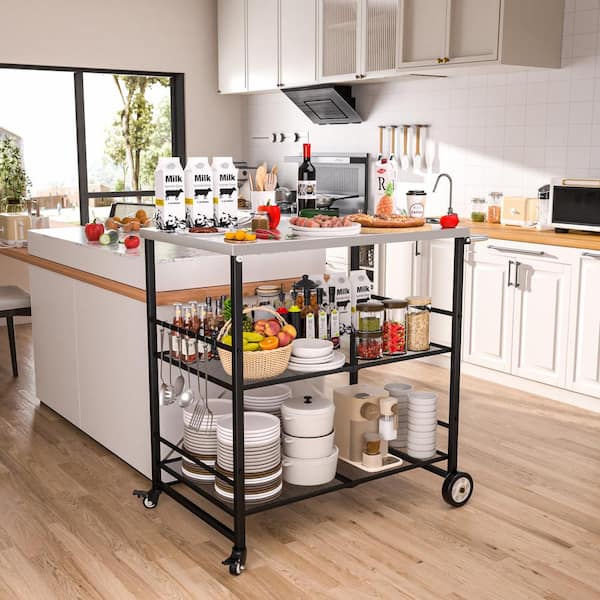 3- Shelf Stainless Steel Foldable Outdoor Grill Cart Indoor Prep Table with 4-Wheels (31.5 in. W x 23.6 in. D)