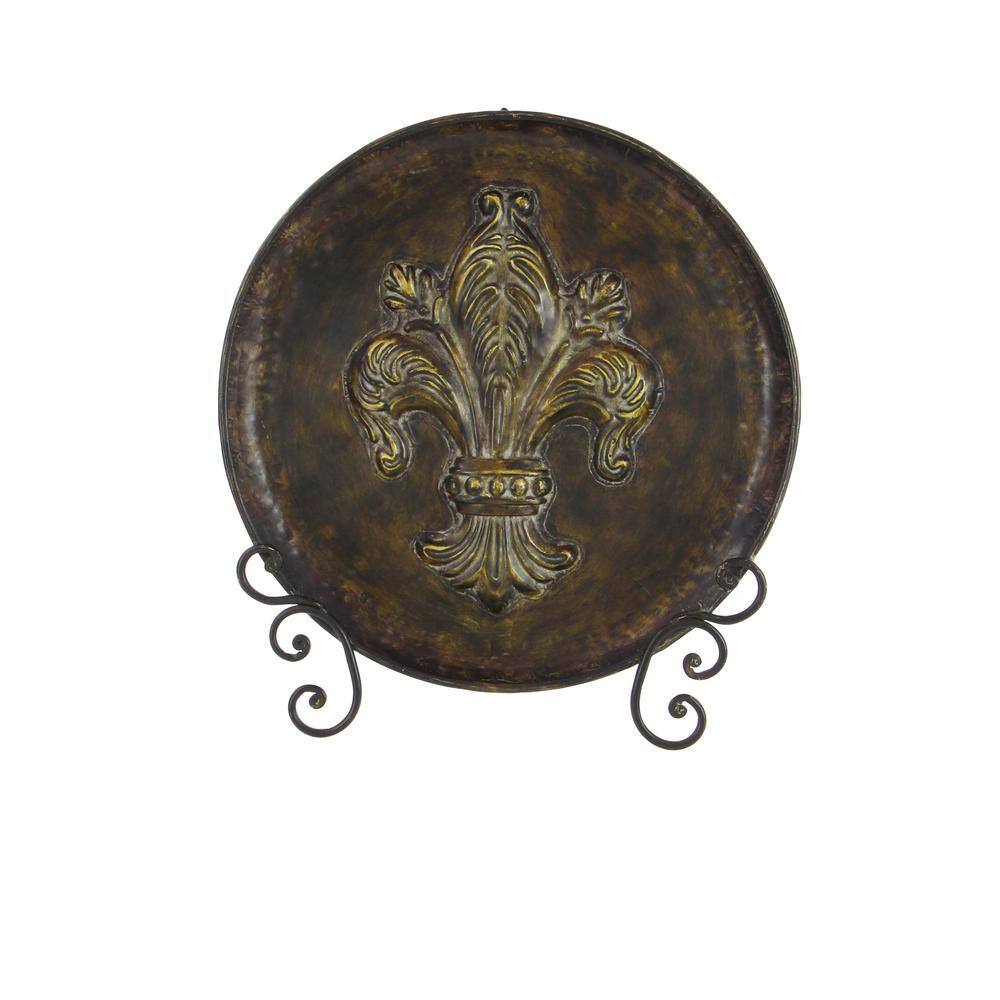 Brown Iron Fleur De Lis Embossed Round Charger with Stand