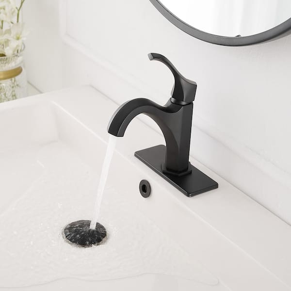 Single Handle Single Hole Bathroom Faucet with Deckplate Included and Drain Kit Included in Matte Black
