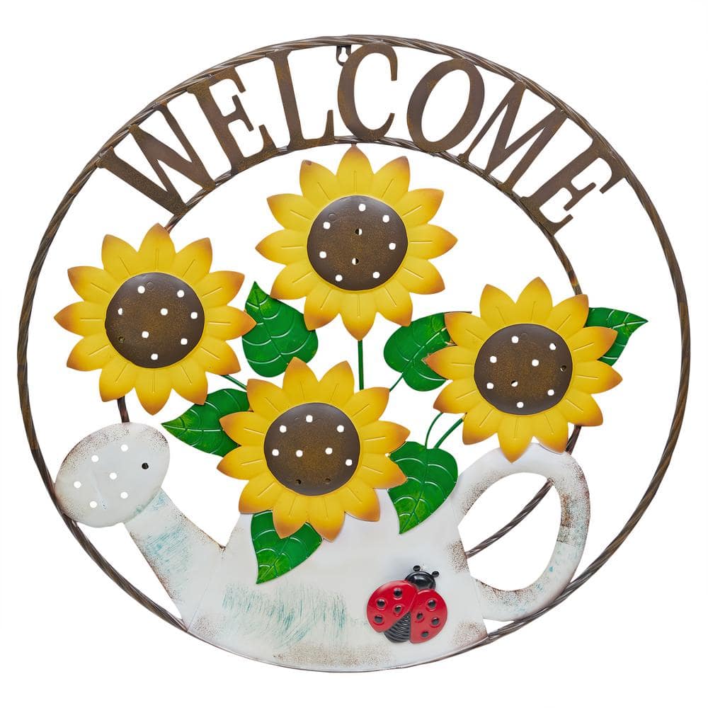Alpine Corporation Large Round Sunflowers in Gardening Can  Welcome  Décor