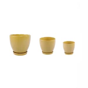 10 in. x 8 in. x 6.75 in. Ceramic GL Mustard Hiero Pot on Saucer (Set of 3)