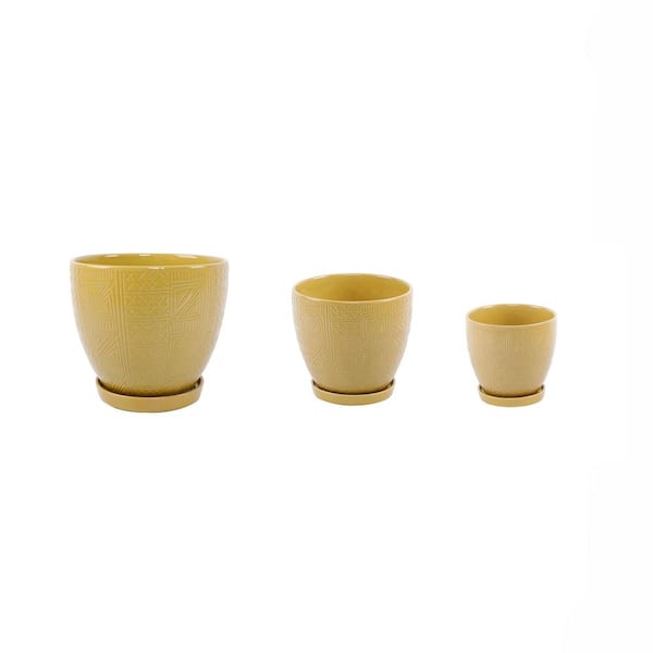 Flora Bunda 10 in. x 8 in. x 6.75 in. Ceramic GL Mustard Hiero Pot on Saucer (Set of 3)