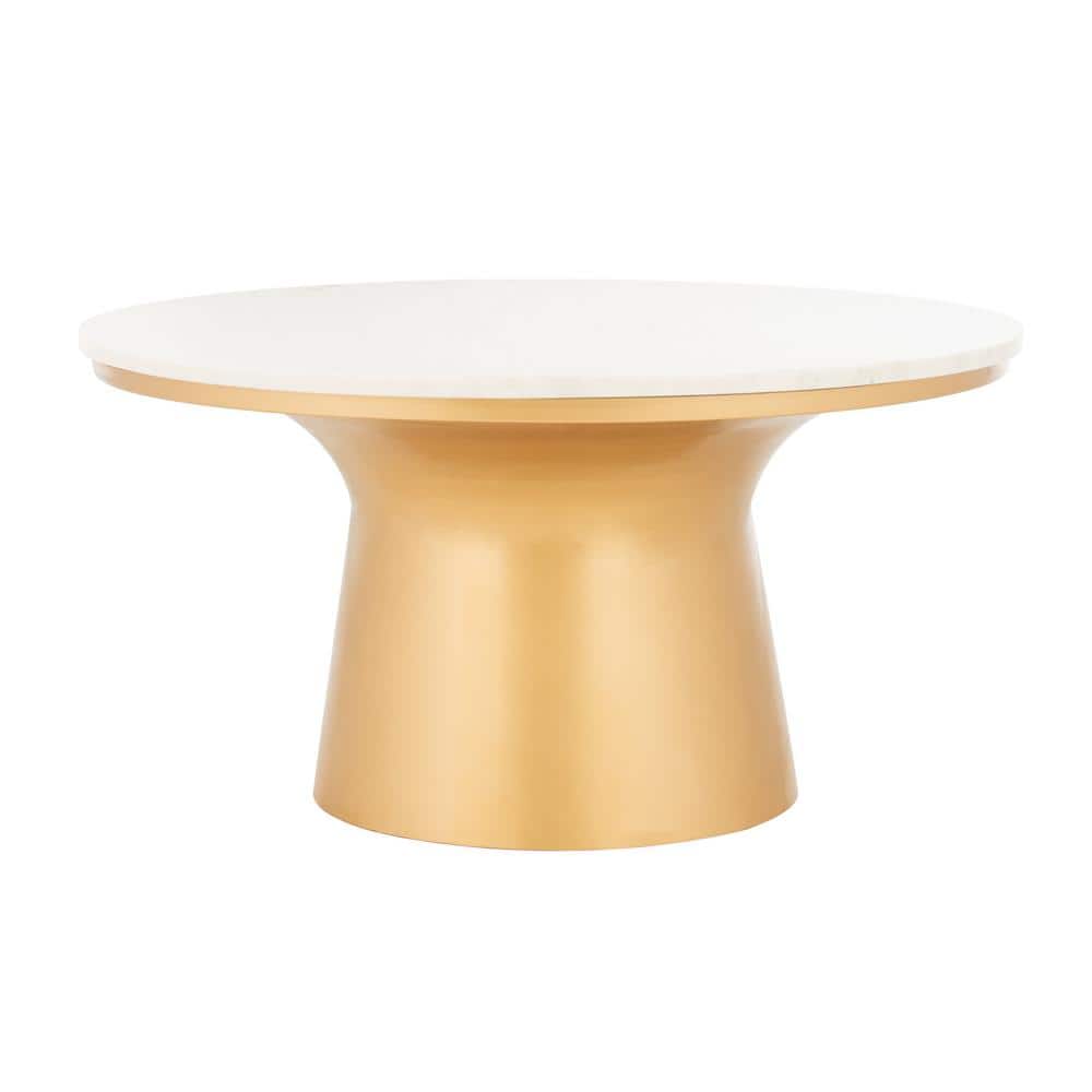 White Marble and Brass Round Pedestal Cocktail Table