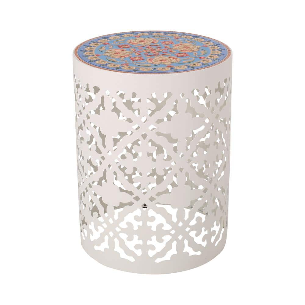 Classic Oriental Design 14 in. Outdoor Patio Round Metal Mesh Accent Table 