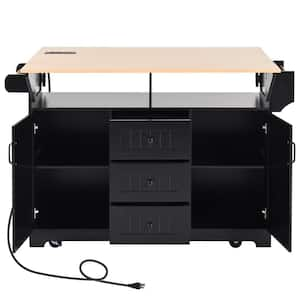 Black Wood 55.7 in. Kitchen Island with 5 Wheels, 2 Drop Leaf, 3 Drawers, Towel Rack, Power Outlet