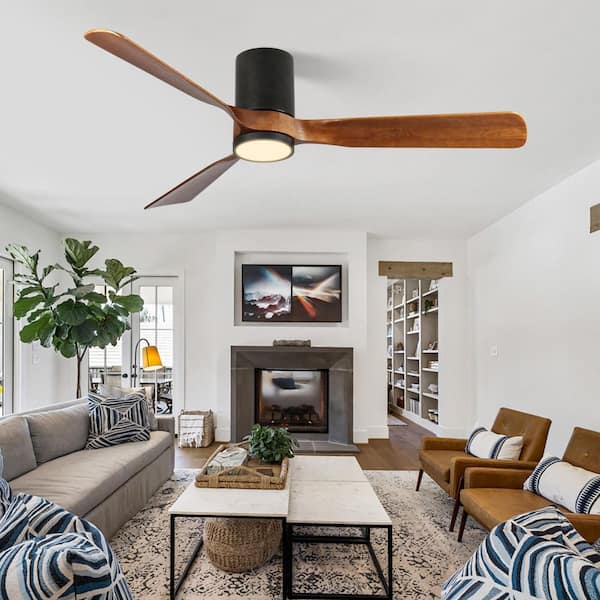 60 in. LED Indoor/Outdoor Brown Flush Mount Ceiling Fan with Wood Blades, 6-Speed DC Remote Control