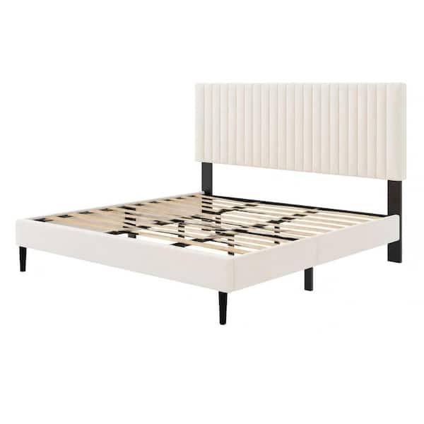 Full Size Velvet Upholstered Platform Bed Frame with Height-Adjustable Headboard Wood Slats No Box Spring Needed, Beige