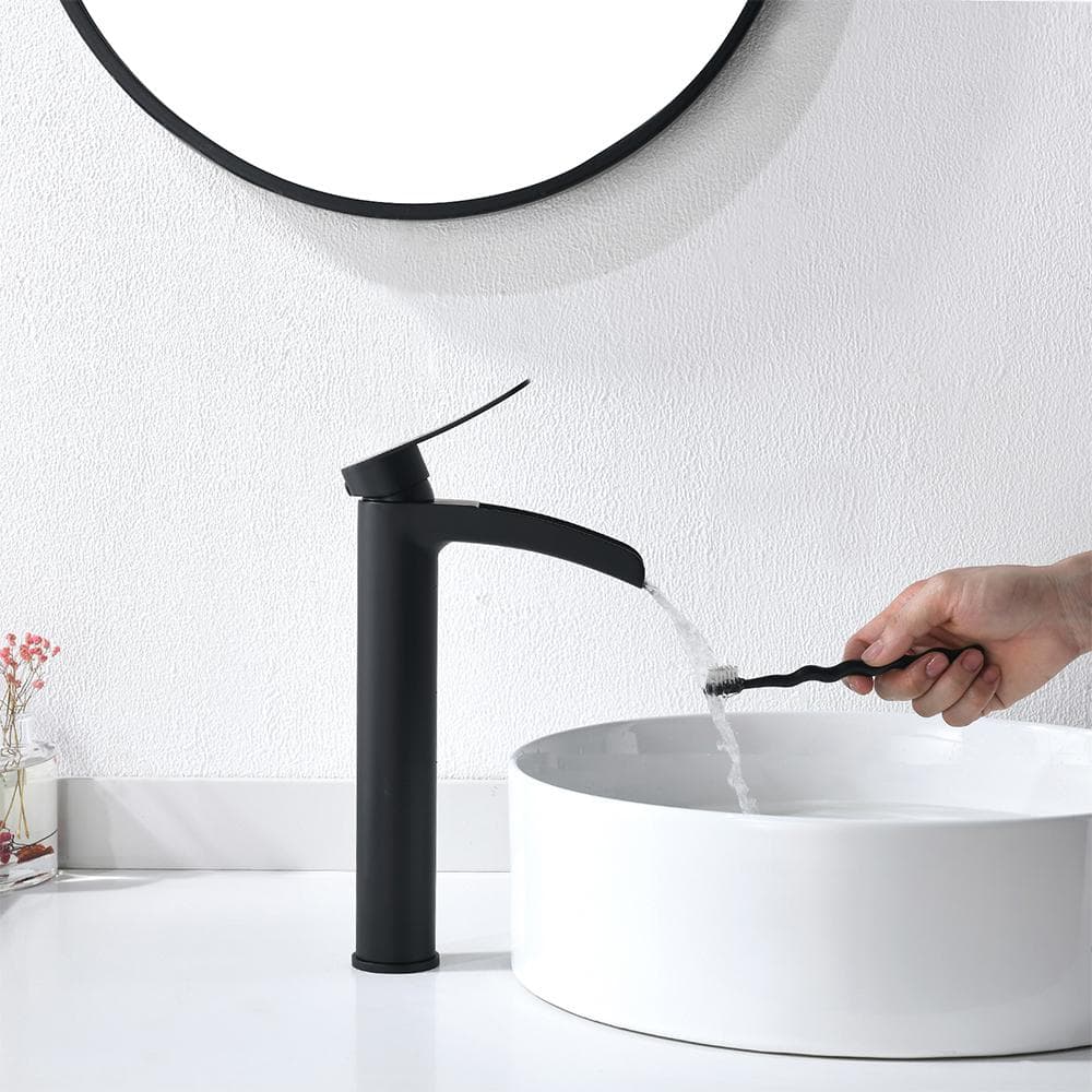 Matte Black Tall Single Handle Bathroom Faucet with Pop-Up Drain