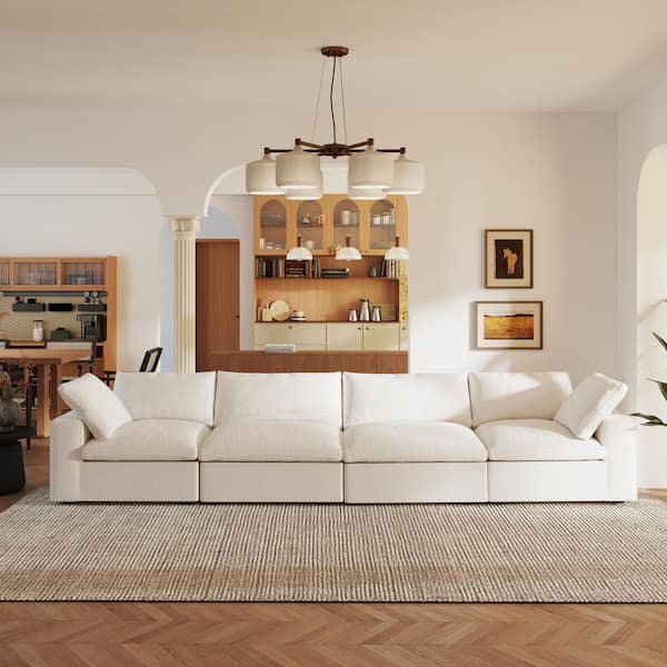 118 in. Square Arm 4-Piece Linen L-Shaped Sectional Sofa Corner Cloud Couch in White