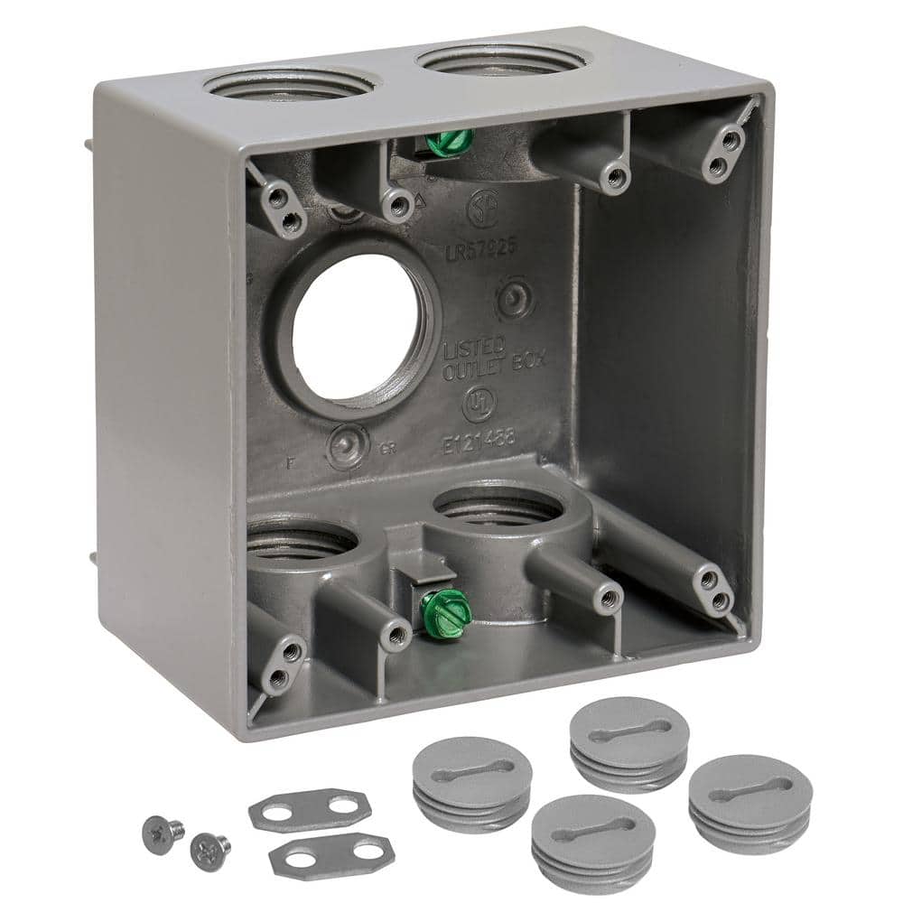 2-Gang Metal Weatherproof Deep Electrical Outlet Box with (5) 1 inch Holes,