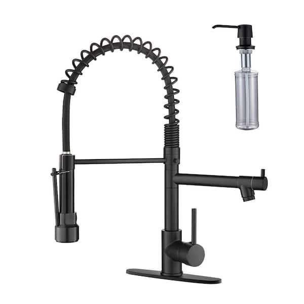 PERLIRIA INC Commercial Single Handle Pull Down Sprayer Kitchen Faucet with Deck Plate and Soap Dispenser in Matte Black