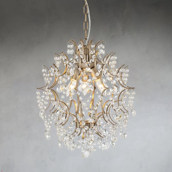 Arras 3-Light Vintage Retro Champagne Gold Tiered Cluster Chandelier with Crystal Beads