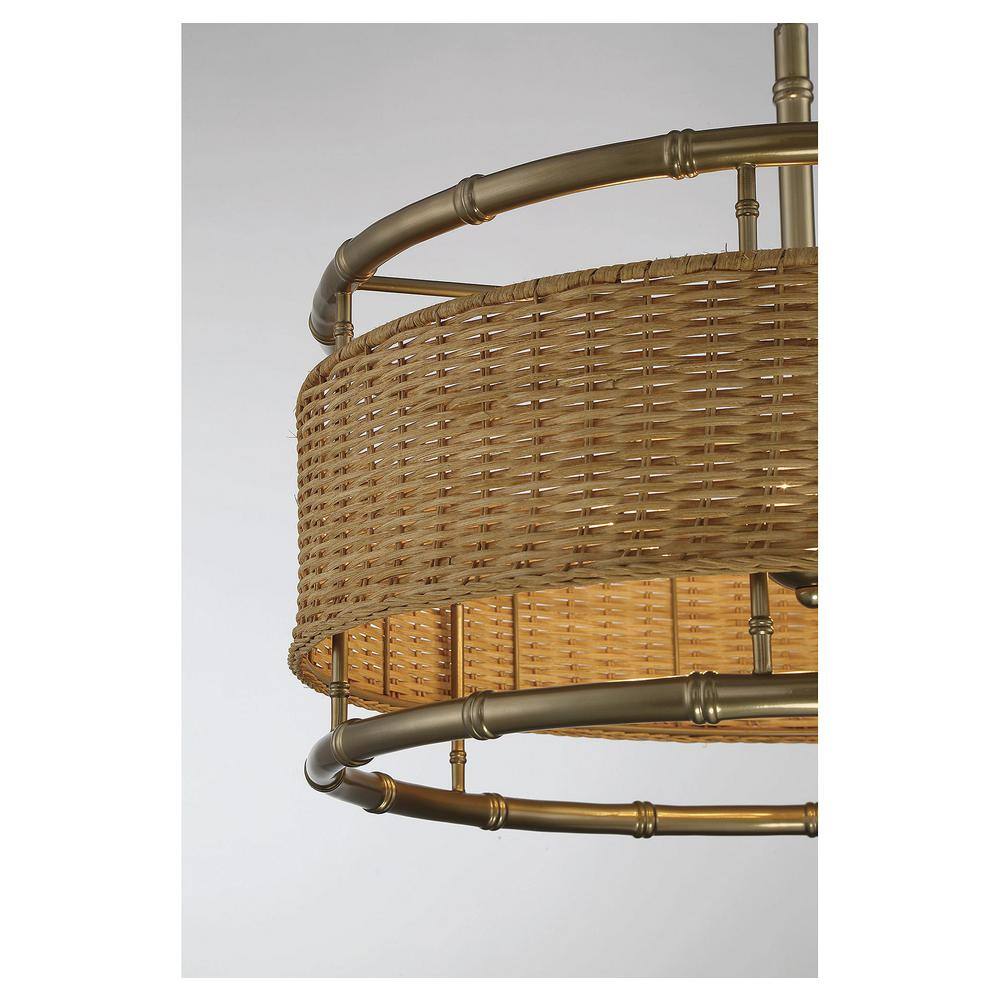 Arcadia Warm Brass and Natural Rattan 6-Light Drum Pendant