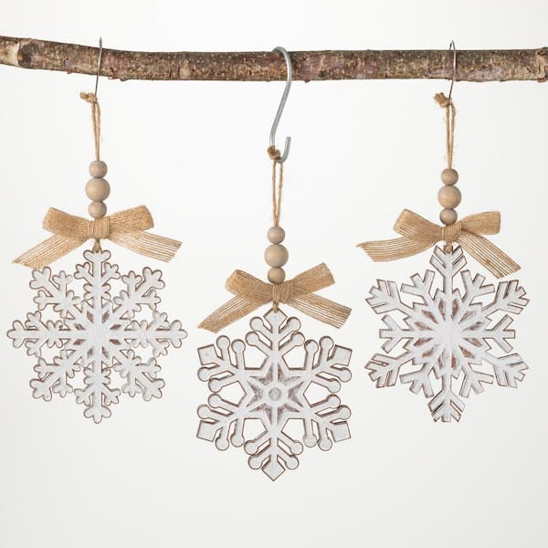 SULLIVANS 6.25 in. Wood Snowflake Ornament - Set of 3, White Christmas Ornaments