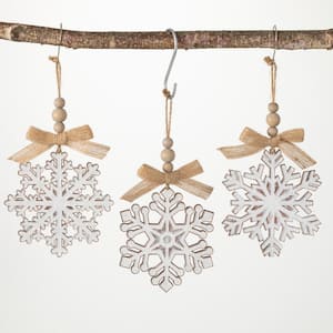 6.25 in. Wood Snowflake Ornament - Set of 3, White Christmas Ornaments