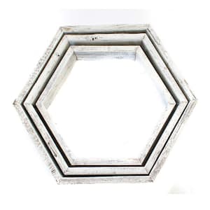 3-Piece Rustic Farmhouse White Wash Floating Hexagon Wall Shelf Set