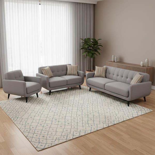 AC Pacific Crystal Upholstered Mid-Century 3-Piece Gray Living Room Set with 4-Accent Pillows