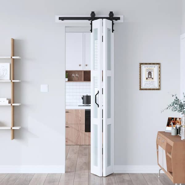 28 in. x 84 in. 3-Lite Tempered Frosted Glass Solid Core White Finished MDF Wood Bi-Fold Door with Hardware Kit