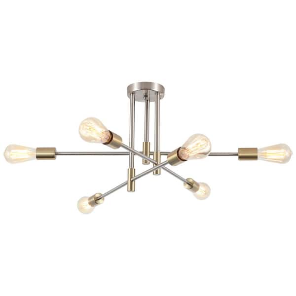 ADSENSTY 27.56 in. 6-Light Brass and Nickel Sputnik Semi- Flush Mount Ceiling Lights with 360° Rotatable Light Arm