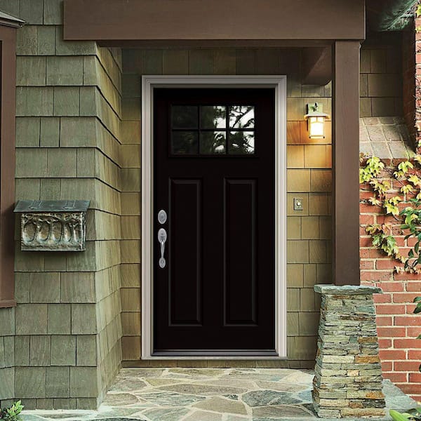 30 in. x 80 in. 6 Lite Craftsman Black w/ White Interior Steel Prehung Right-Hand Inswing Front Door w/Brickmould