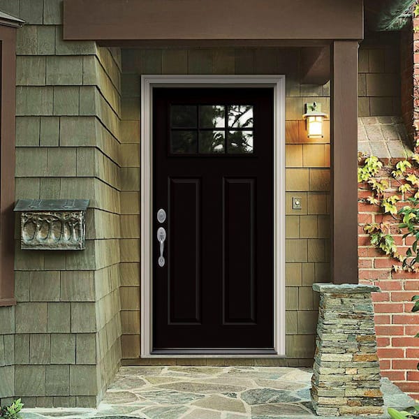 30 in. x 80 in. 6 Lite Craftsman Black Painted Steel Prehung Right-Hand Inswing Front Door w/Brickmould