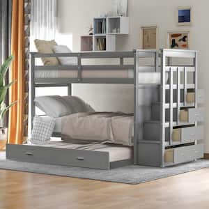 Gray Twin Over Twin Wood Bunk Bed with Trundle and Storage Staircase