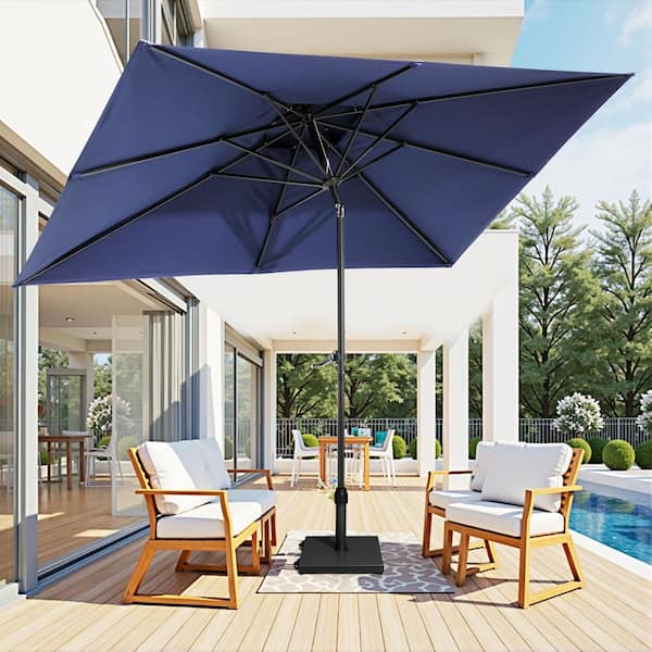 10 ft. x 6.5 ft. Rectangular Metal Market Crank and Tilt Patio Umbrella in Navy with 45 lbs. Concrete Wheeled Base