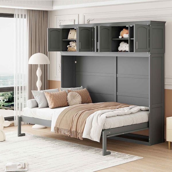 Gray Wood Frame Queen Murphy Bed with Top Cabinets