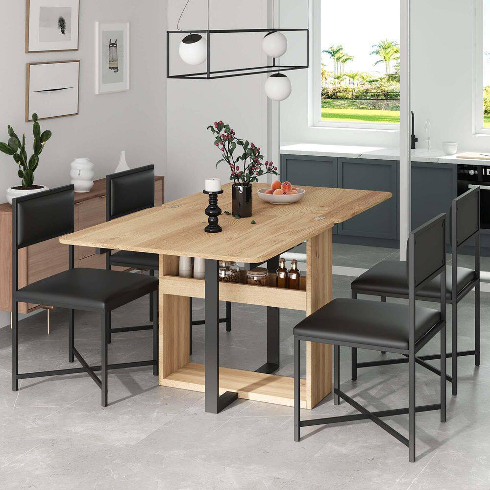 5-Piece Natural Wood Outdoor Dining Set with Black Cushions, Extendable Dining Table