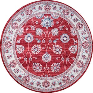 Modern Persian Vintage Moroccan Traditional Red/Ivory 5' Round Area Rug