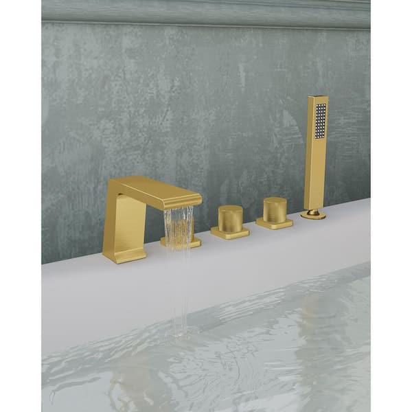 3-Handle Minimalist Roman Tub Faucet with Hand Shower in Brushed Gold