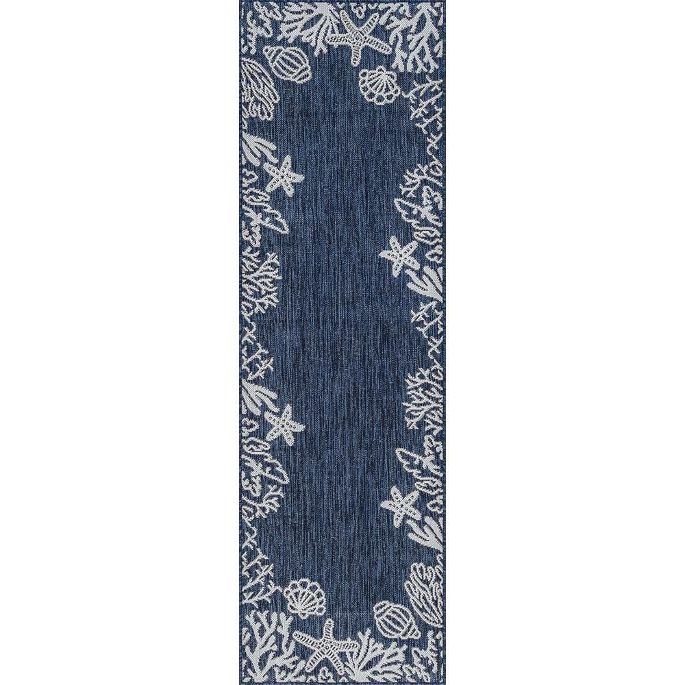 Tayse Rugs Eco Coastal Navy 3 ft. x 10 ft. Indoor/Outdoor Runner Rug ...