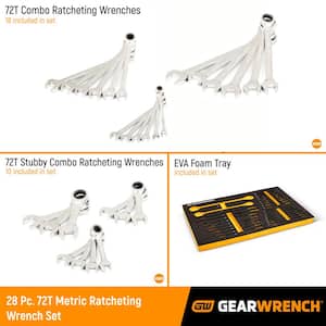 28-Piece 72T Metric Standard and Stubby Ratcheting Wrench Set with EVA Foam Tray