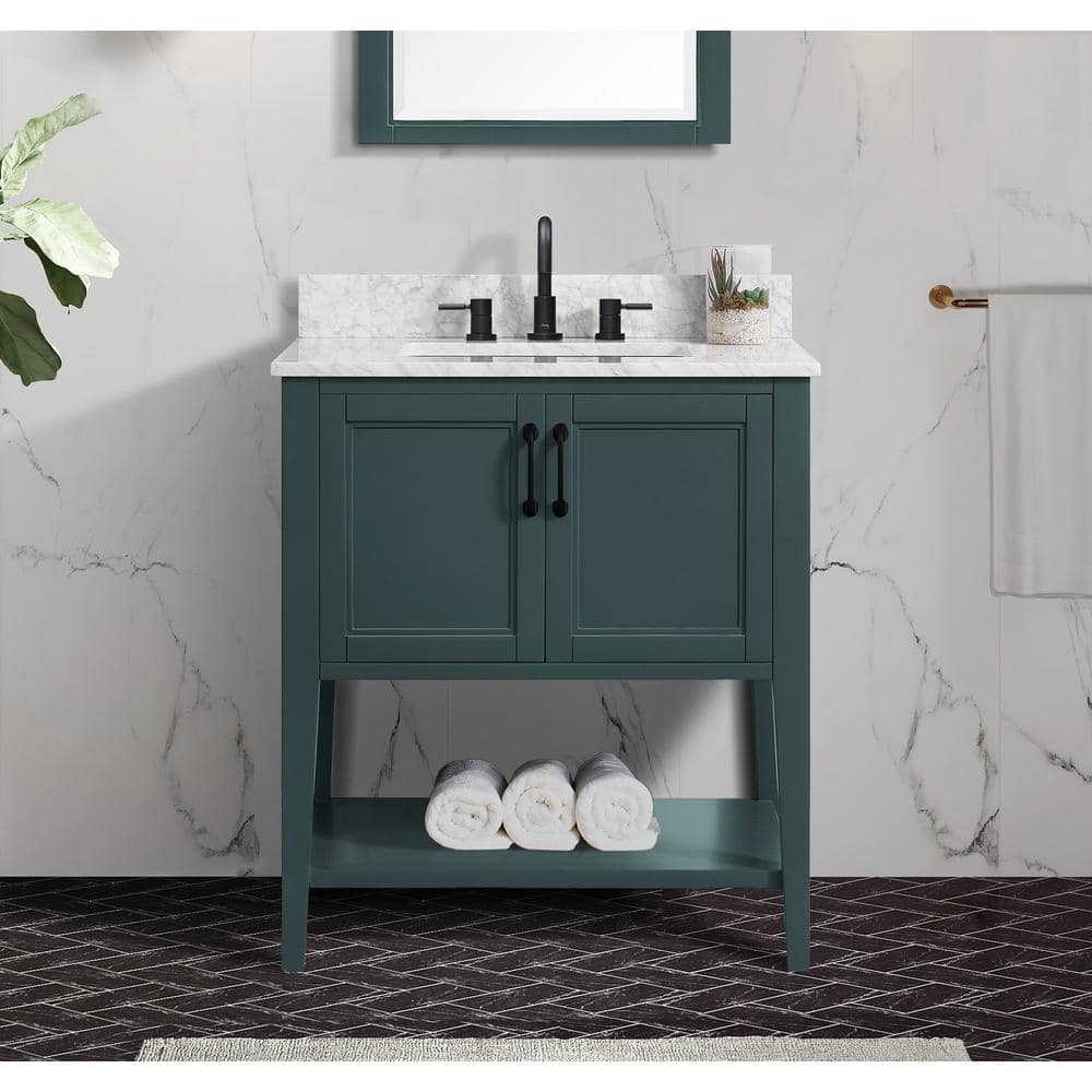 Sherway 31 in W x 22 in D x 35 in H Single Sink Freestanding Bath Vanity in Antigua Green With White Carrara Marble Top -  Home Decorators Collection, 19061-VS31-AG