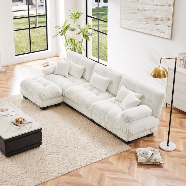 133.8 in. W Chenille Oversized L Shaped Modular Sectional Sofa with Convertible Ottoman in White